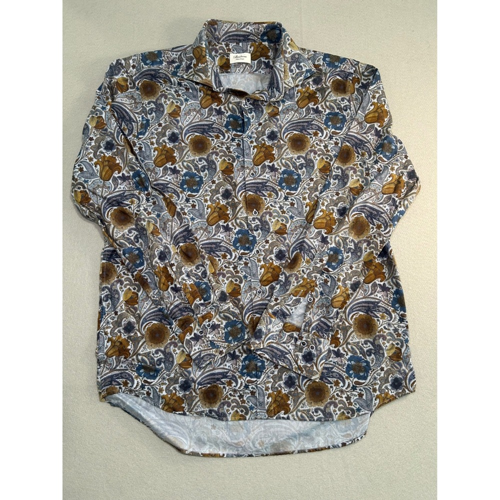 Stenströms Button Down Shirt Mens 17.5 Blue Brown Floral Paisley‎ Fitted Body